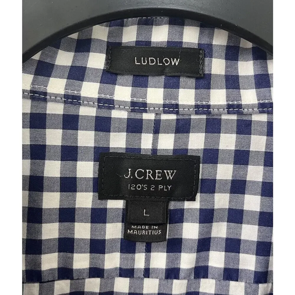 J. Crew Men's Large Ludlow‎ 120's 2 Ply Button Up LSleeve Plaid Check Blue White